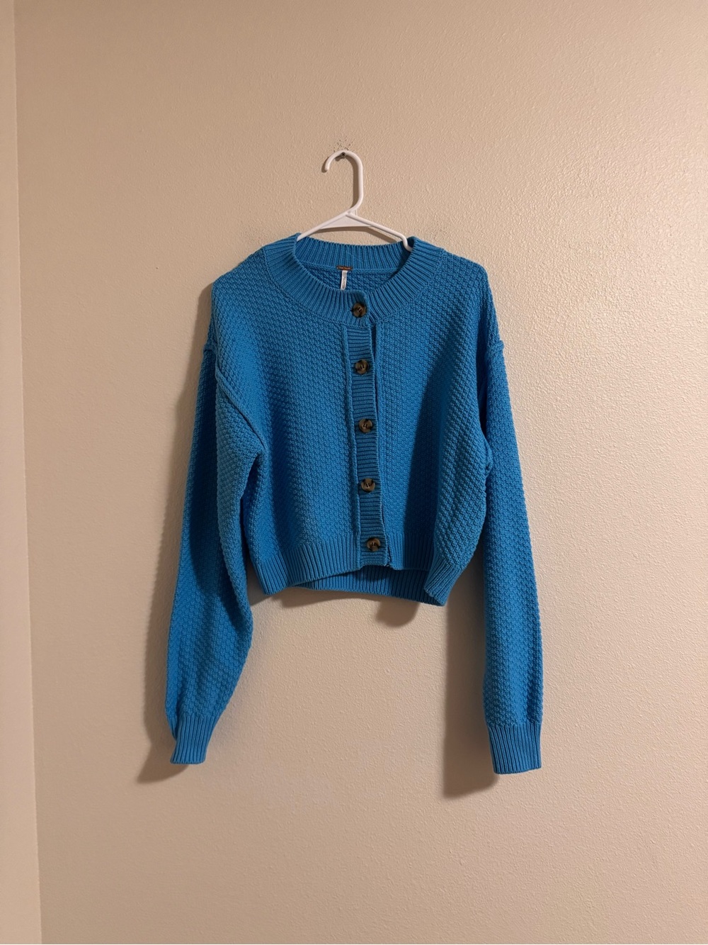 Free People Cropped Bright Blue Button-Front Knit Cardigan